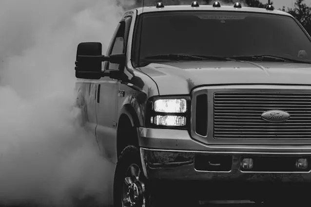 A pickup truck with smoke billowing around it