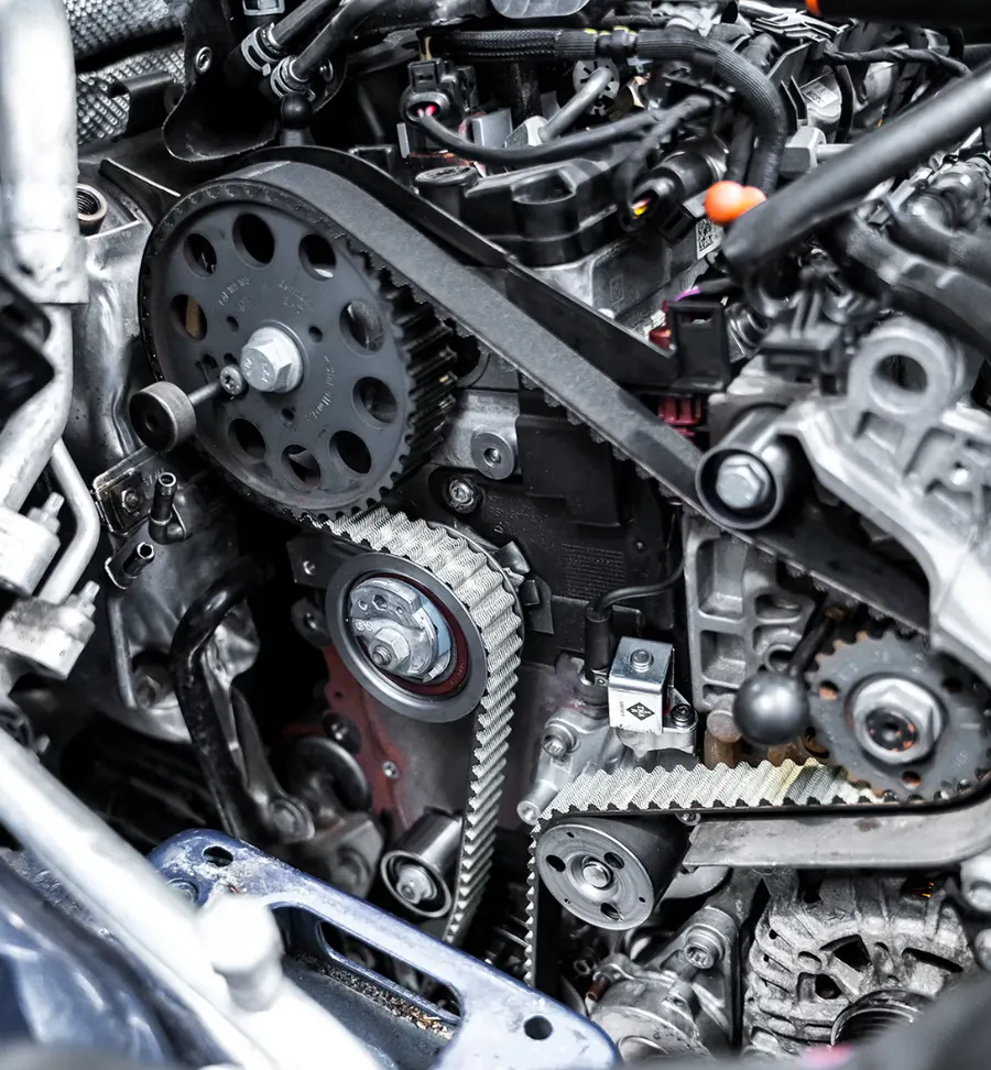A timing belt running over the cam and crank pulleys of an engine