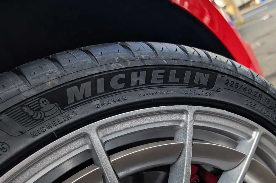 Close-up of a Michelin tyre on an alloy wheel